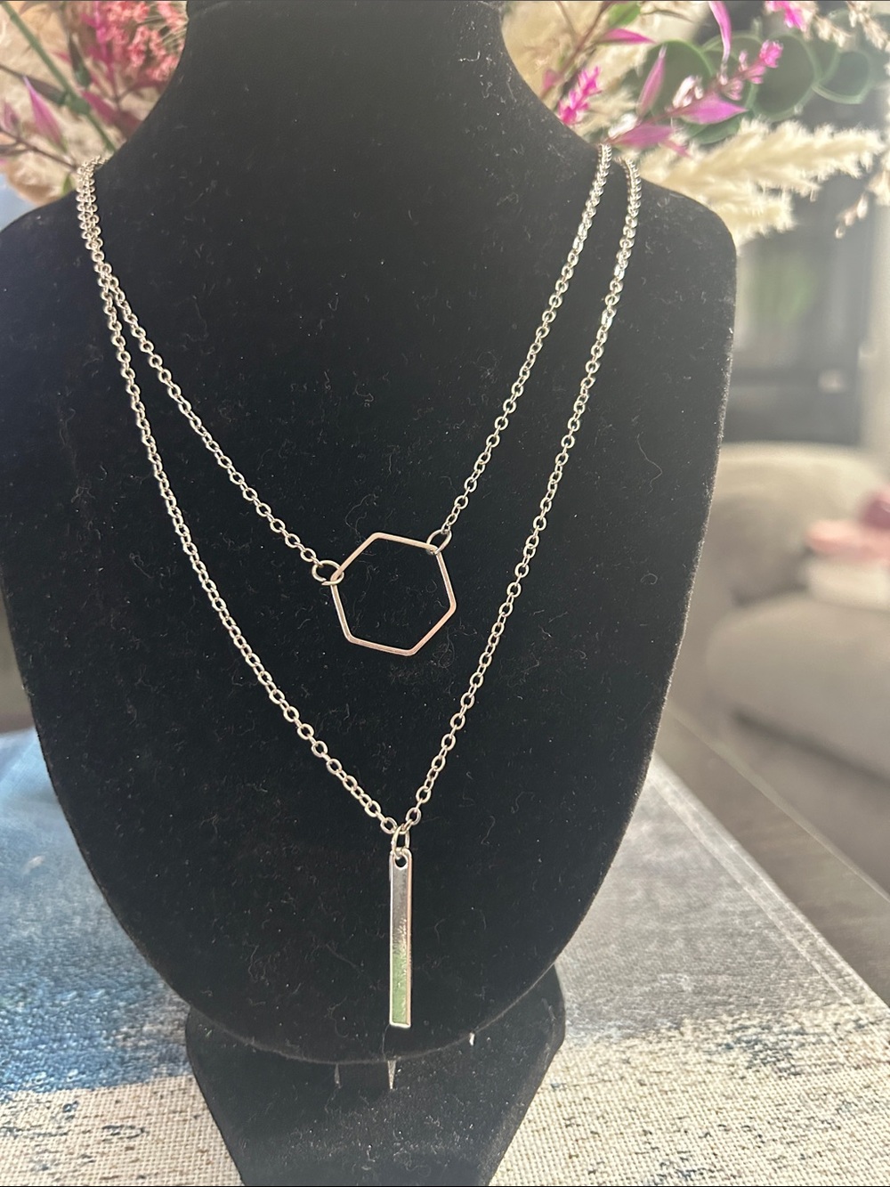 Layered Silver Geometric Pendant Necklace